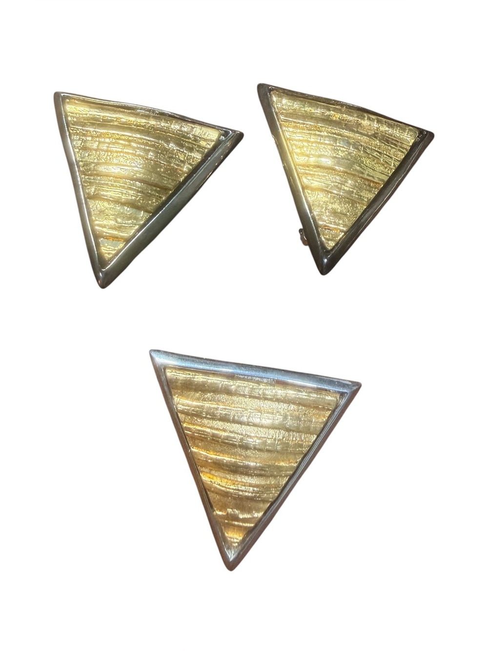 Vintage 1980s Art Deco Revival Triangle Brooch & Clip Earrings Gold Silver - Picture 4 of 6